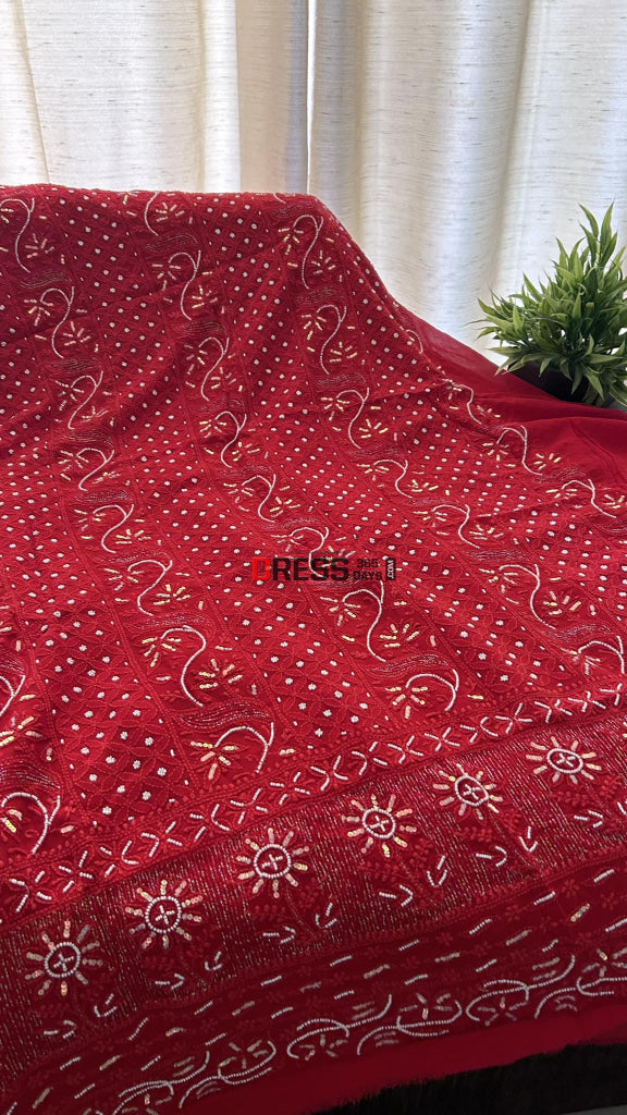 Red Pearl Chikankari Suit (Kurta & Dupatta) Suits