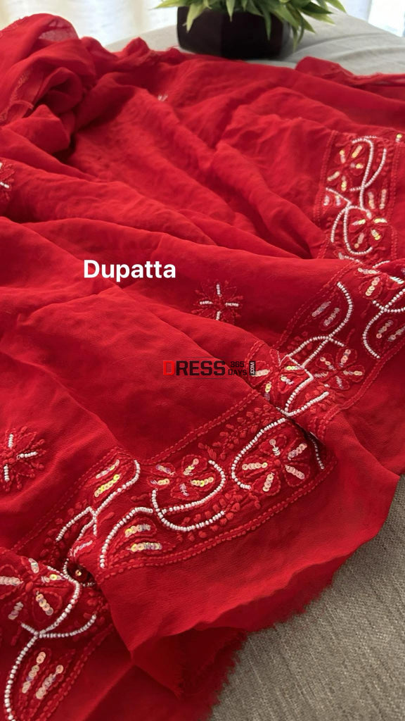 Red Pearl Chikankari Suit (Kurta & Dupatta) Suits
