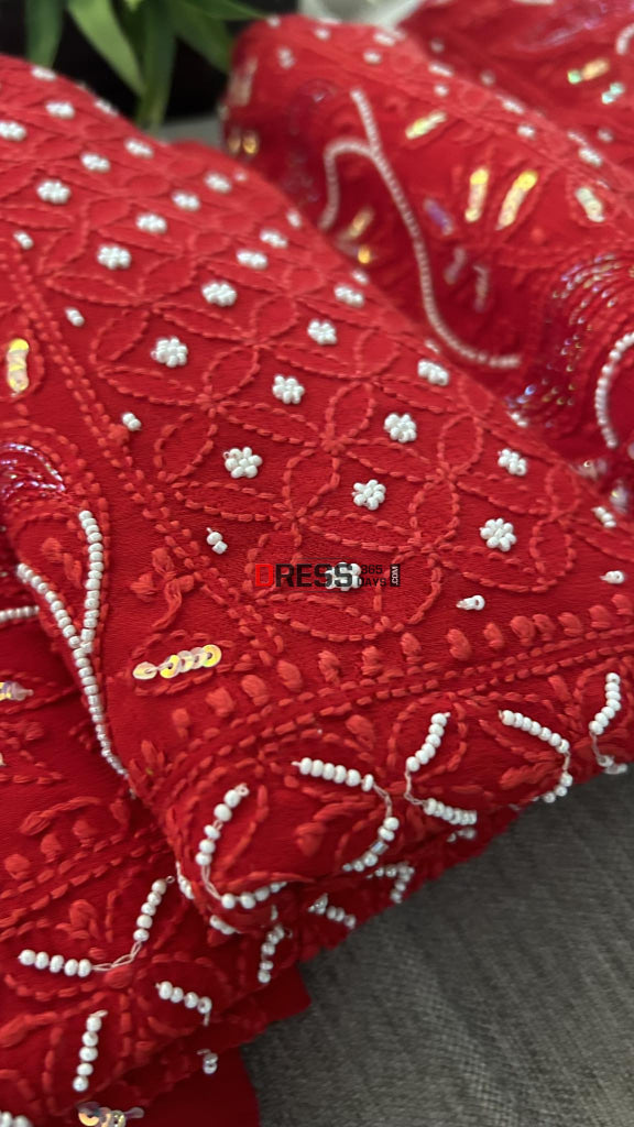 Red Pearl Chikankari Suit (Kurta & Dupatta) Suits