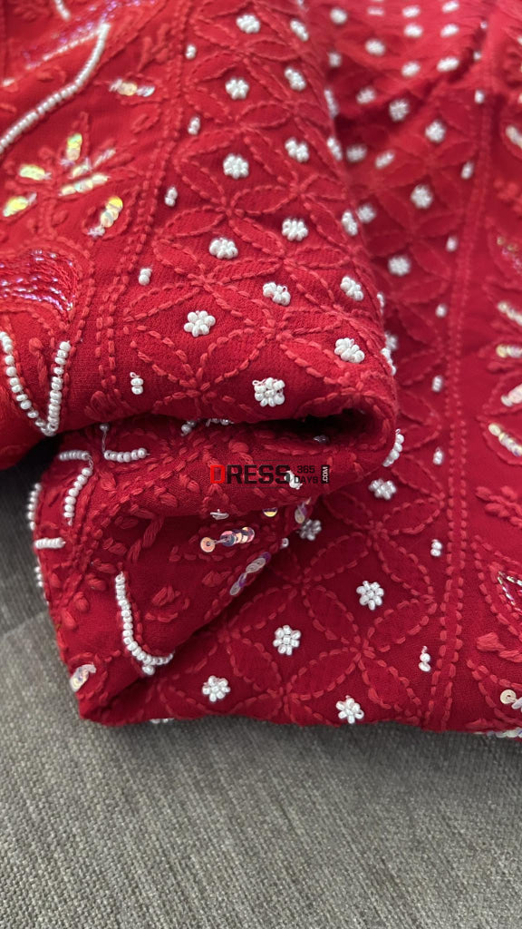 Red Pearl Chikankari Suit (Kurta & Dupatta) Suits