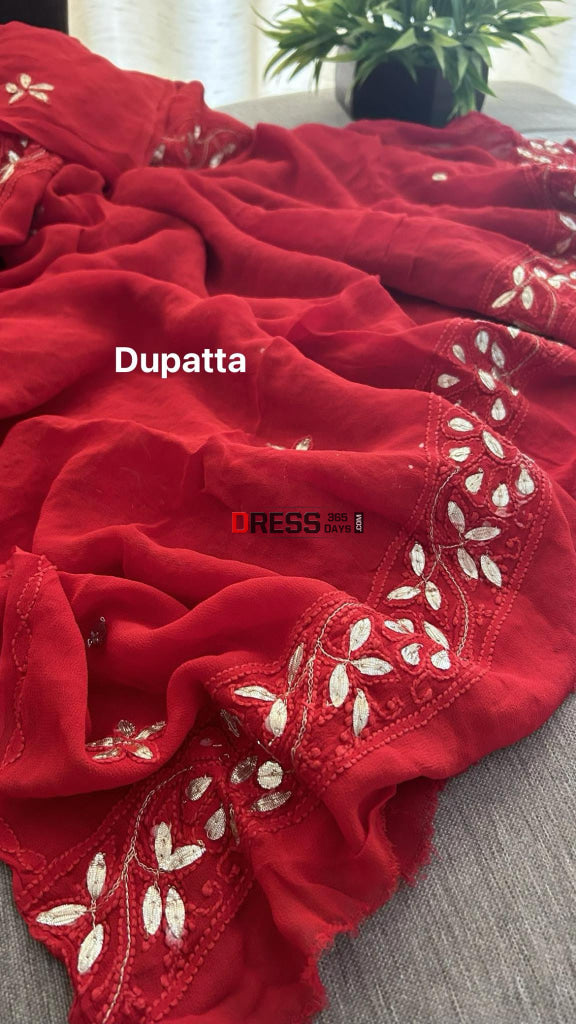 Red Pearl & Gota Patti Chikankari Kurta Dupatta Set Suits
