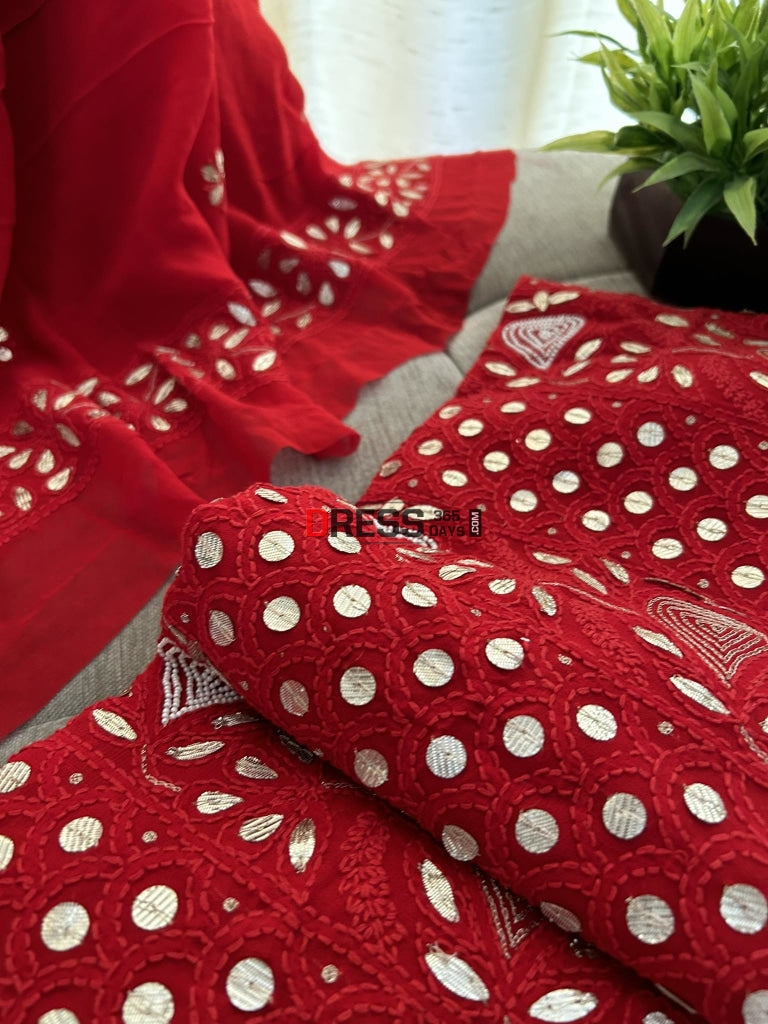 Red Pearl & Gota Patti Chikankari Suit Suits