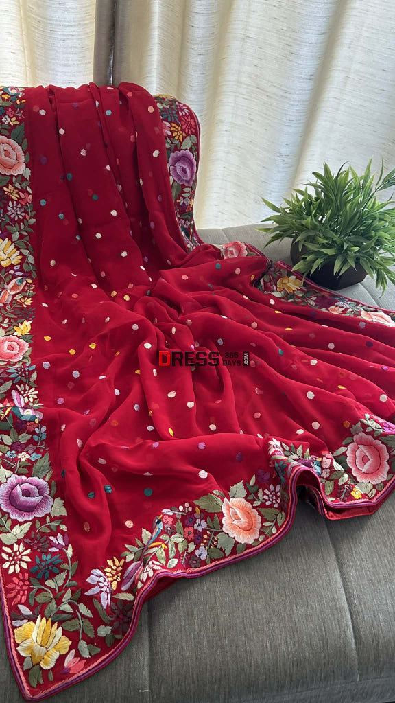 Red Pure Georgette Parsi Gara Dupatta Parsi Gara Dupatta