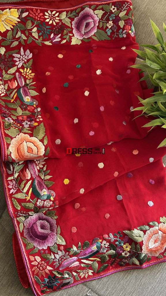 Red Pure Georgette Parsi Gara Dupatta Parsi Gara Dupatta