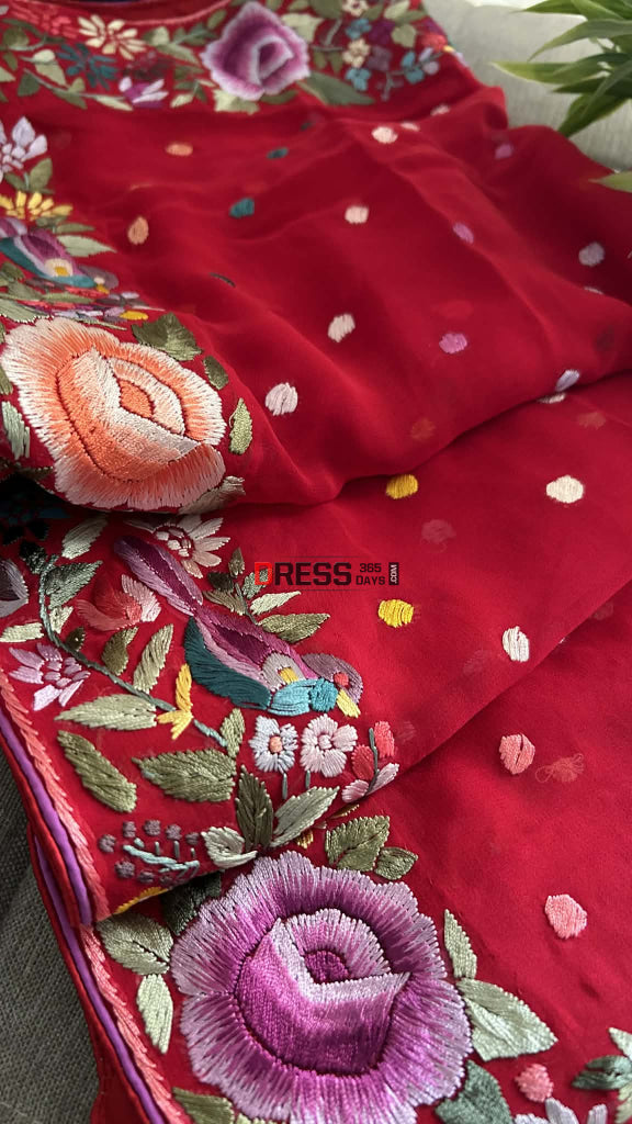 Red Pure Georgette Parsi Gara Dupatta Parsi Gara Dupatta