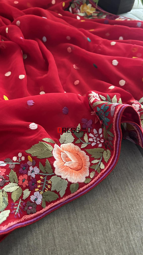 Red Pure Georgette Parsi Gara Dupatta Parsi Gara Dupatta