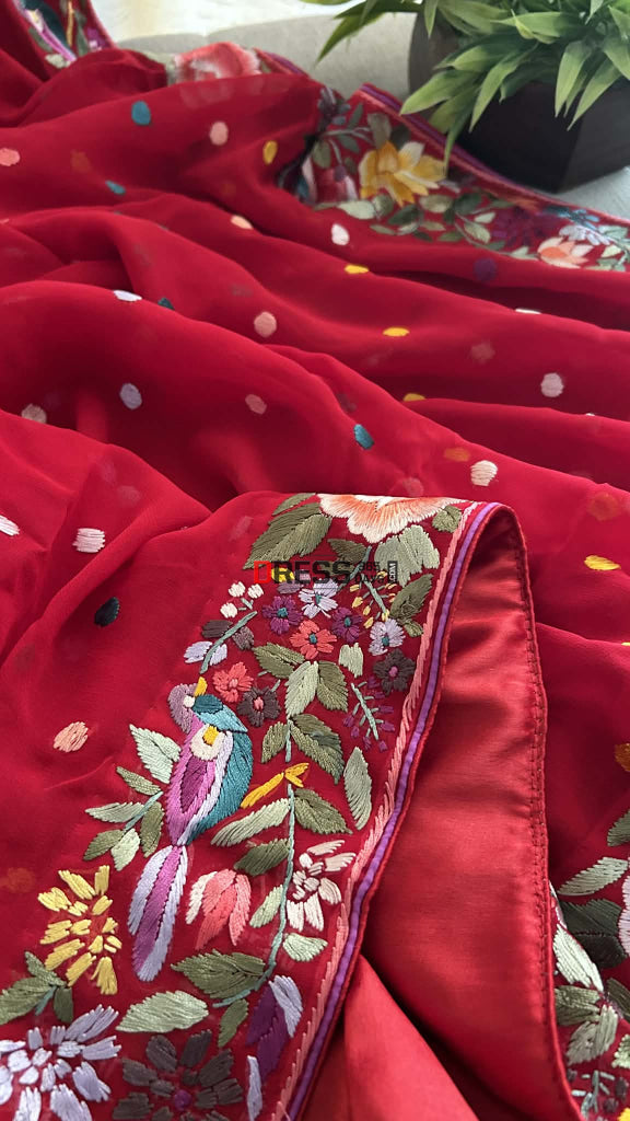 Red Pure Georgette Parsi Gara Dupatta Parsi Gara Dupatta