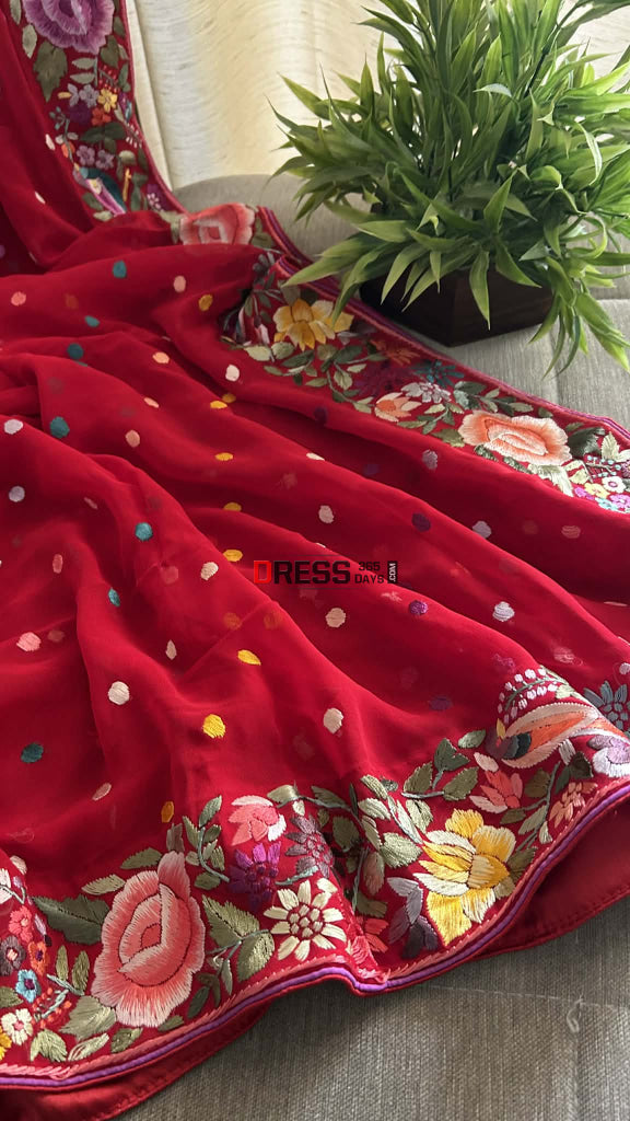 Red Pure Georgette Parsi Gara Dupatta Parsi Gara Dupatta