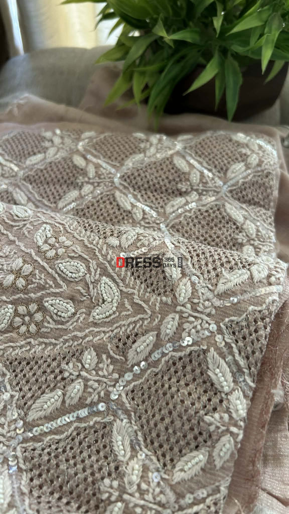 Rose Gold Hand Jaali & Pearl Tissue Chanderi Suit (Kurta & Dupatta) Chikankari Suits