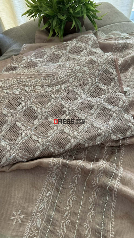 Rose Gold Hand Jaali & Pearl Tissue Chanderi Suit (Kurta & Dupatta) Chikankari Suits