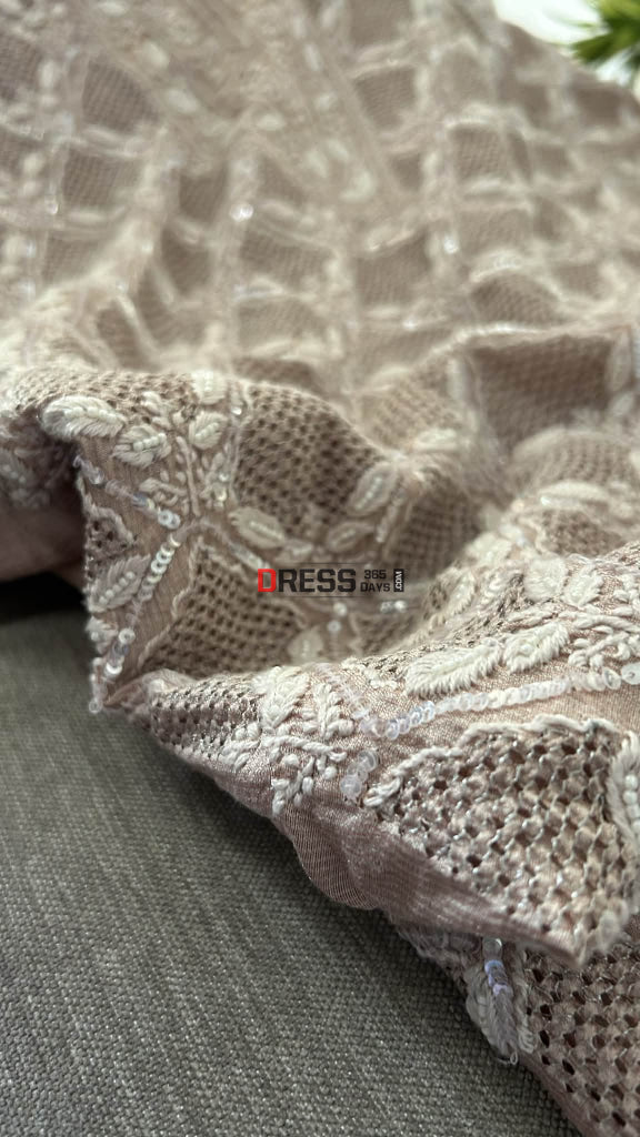 Rose Gold Hand Jaali & Pearl Tissue Chanderi Suit (Kurta & Dupatta) Chikankari Suits