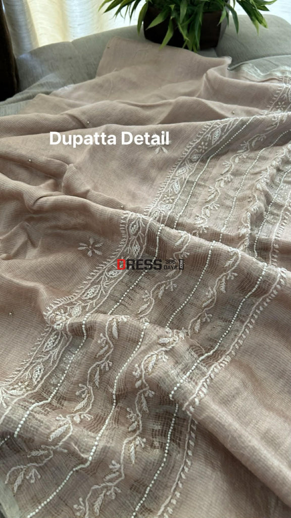 Rose Gold Hand Jaali & Pearl Tissue Chanderi Suit (Kurta & Dupatta) Chikankari Suits