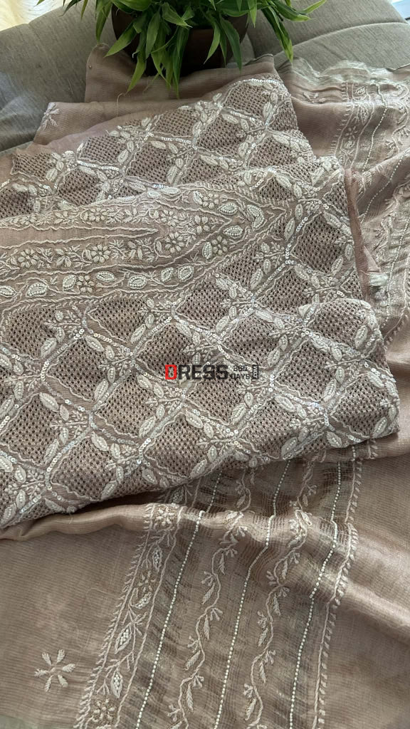 Rose Gold Hand Jaali & Pearl Tissue Chanderi Suit (Kurta & Dupatta) Chikankari Suits