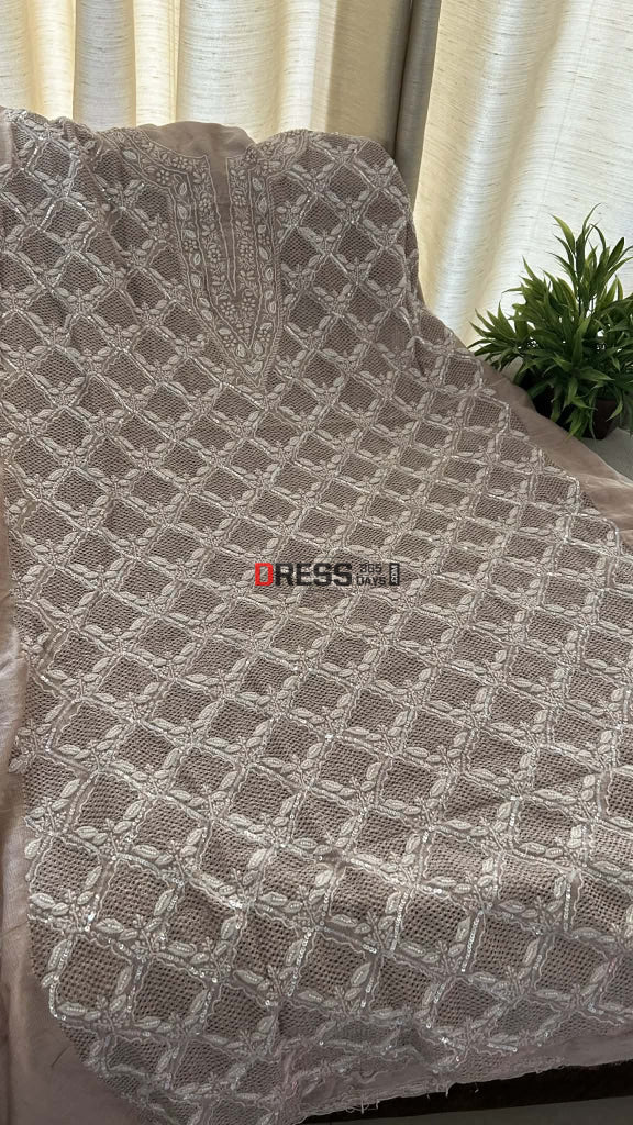 Rose Gold Hand Jaali & Pearl Tissue Chanderi Suit (Kurta & Dupatta) Chikankari Suits