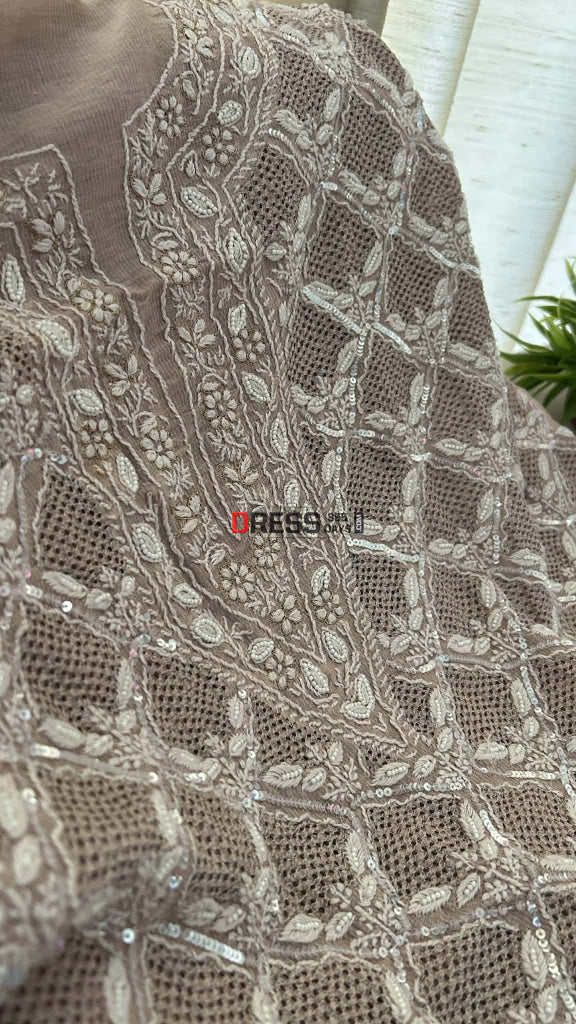 Rose Gold Hand Jaali & Pearl Tissue Chanderi Suit (Kurta & Dupatta) Chikankari Suits