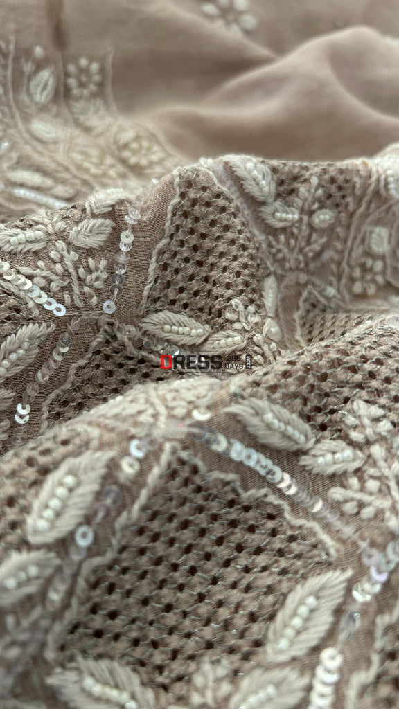 Rose Gold Hand Jaali & Pearl Tissue Chanderi Suit (Kurta & Dupatta) Chikankari Suits