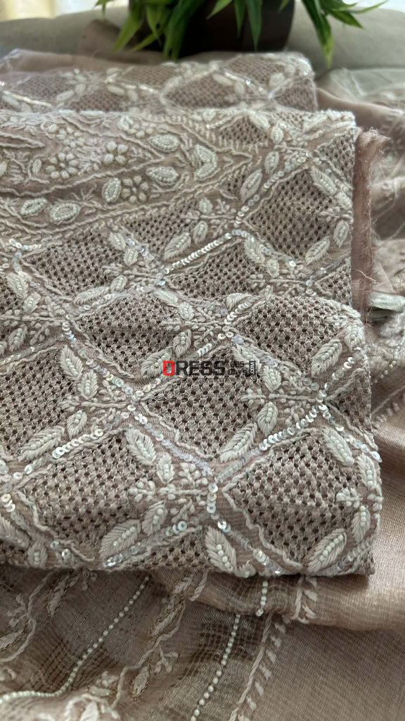 Rose Gold Hand Jaali & Pearl Tissue Chanderi Suit (Kurta & Dupatta) Chikankari Suits