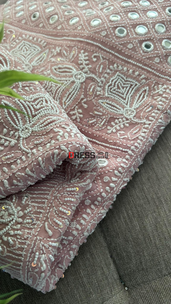Rose Gold Mirror & Pearl Lucknowi Suit (Kurta Dupatta Set) Chikankari Suits
