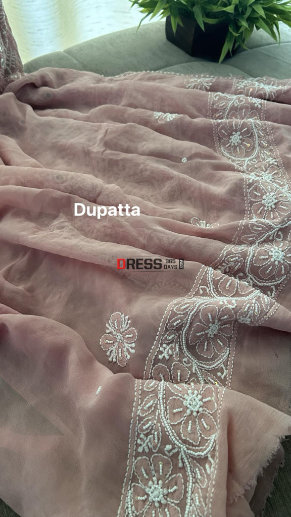Rose Gold Mirror & Pearl Lucknowi Suit (Kurta Dupatta Set) Chikankari Suits