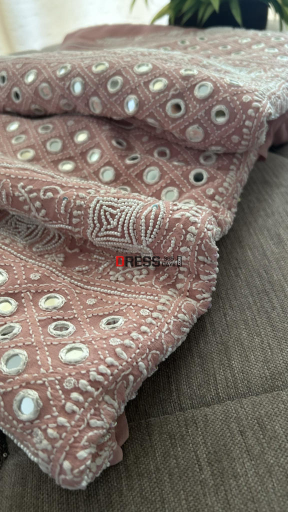 Rose Gold Mirror & Pearl Lucknowi Suit (Kurta Dupatta Set) Chikankari Suits