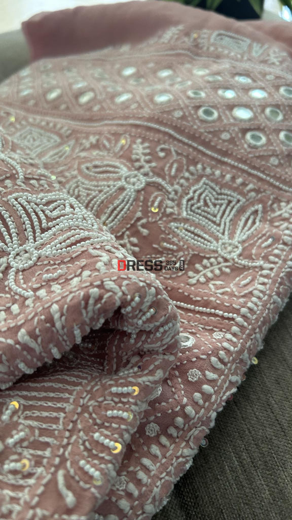 Rose Gold Mirror & Pearl Lucknowi Suit (Kurta Dupatta Set) Chikankari Suits