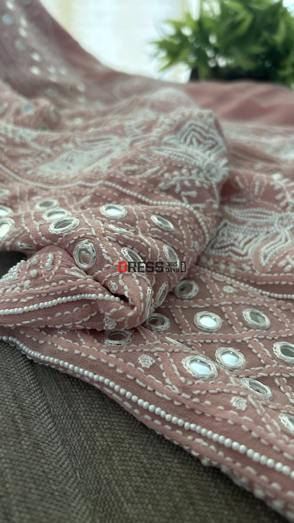 Rose Gold Mirror & Pearl Lucknowi Suit (Kurta Dupatta Set) Chikankari Suits