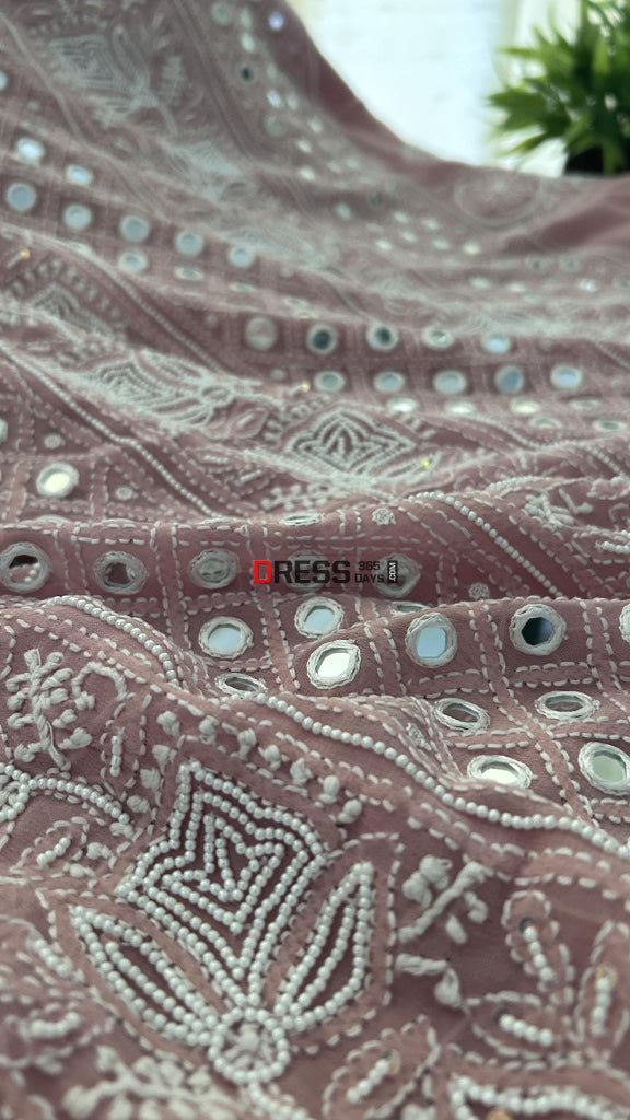Rose Gold Mirror & Pearl Lucknowi Suit (Kurta Dupatta Set) Chikankari Suits