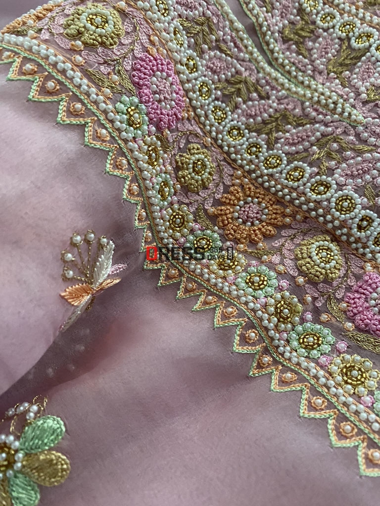 Rose Pink Exclusive Organza Pearls Chikankari Suit Suits