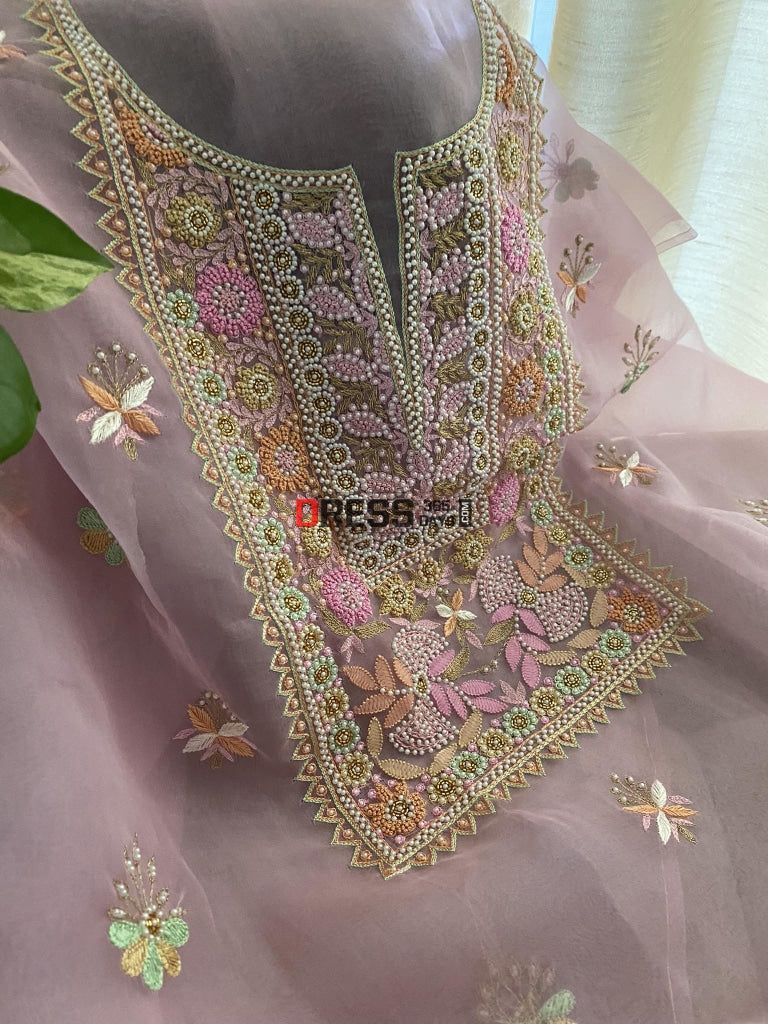 Rose Pink Exclusive Organza Pearls Chikankari Suit Suits