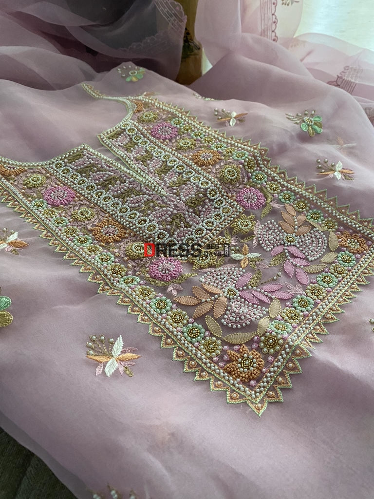 Rose Pink Exclusive Organza Pearls Chikankari Suit Suits