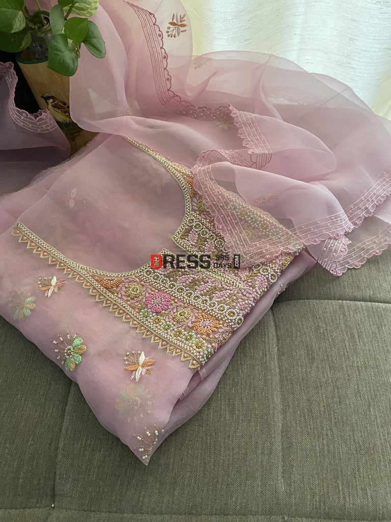 Rose Pink Exclusive Organza Pearls Chikankari Suit Suits