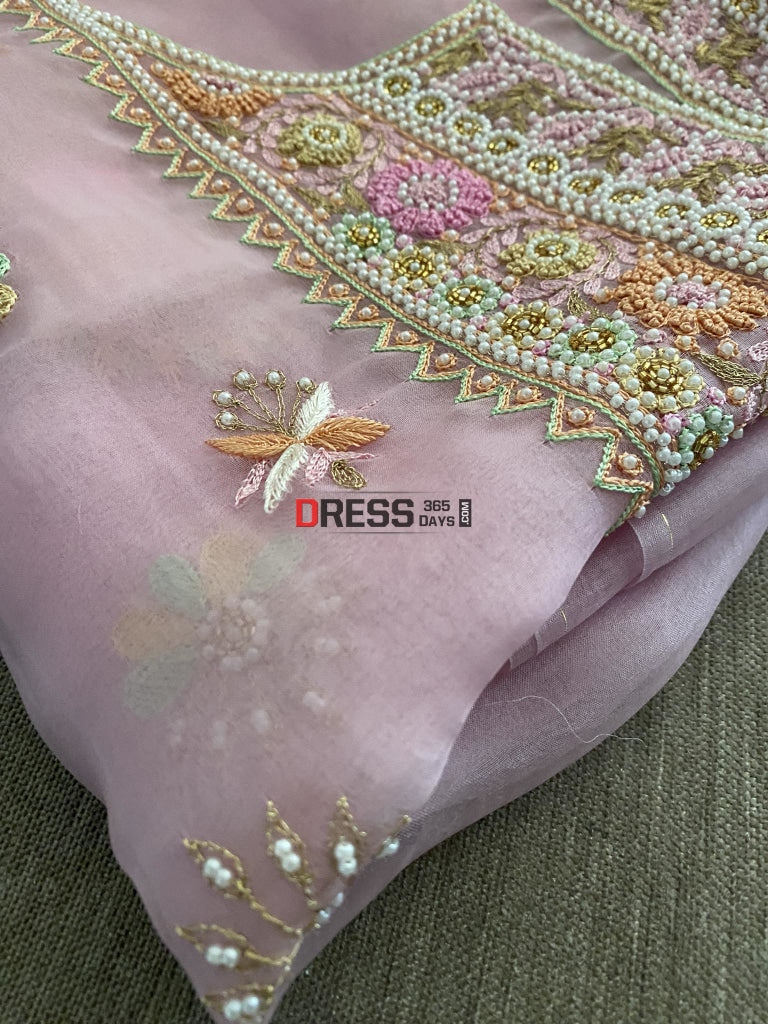 Rose Pink Exclusive Organza Pearls Chikankari Suit Suits