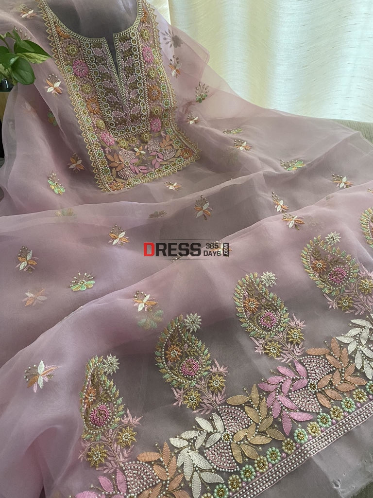 Rose Pink Exclusive Organza Pearls Chikankari Suit Suits