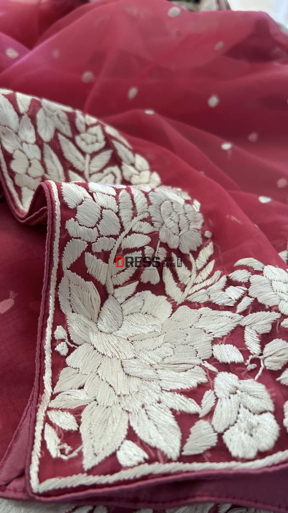 Rose Pink Organza Parsi Gara Hand Embroidered Dupatta