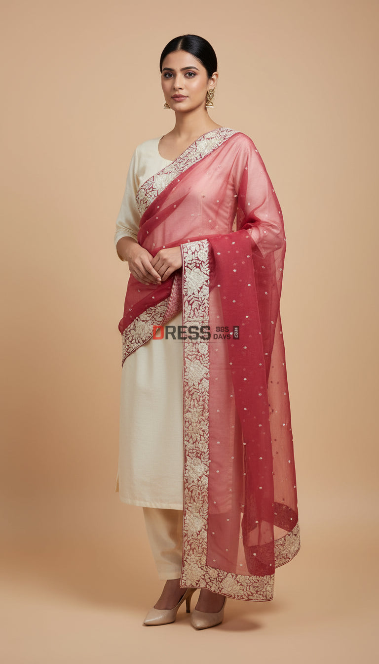 Designer Rose Pink Organza Parsi Gara Hand Embroidered Dupatta