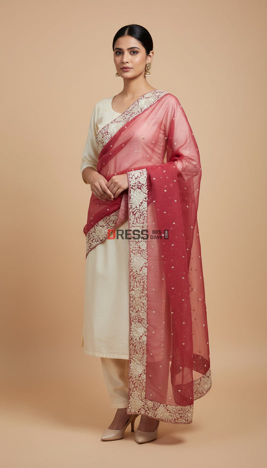 Designer Rose Pink Organza Parsi Gara Hand Embroidered Dupatta