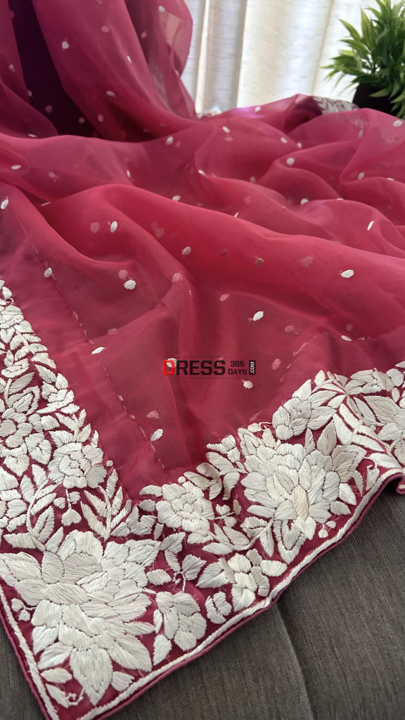 Rose Pink Organza Parsi Gara Hand Embroidered Dupatta