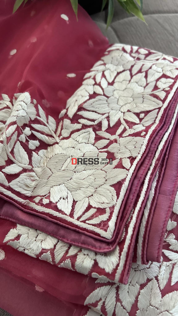 Rose Pink Organza Parsi Gara Hand Embroidered Dupatta
