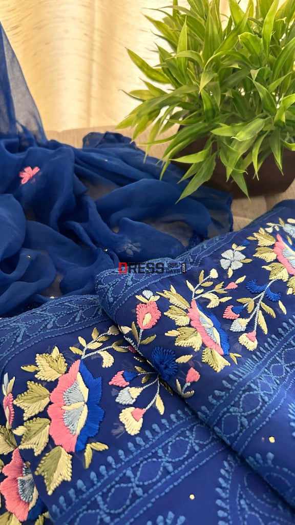 Royal Blue Chikankari Parsi Gara Daman Suit (Kurta & Dupatta) Chikankari Suits