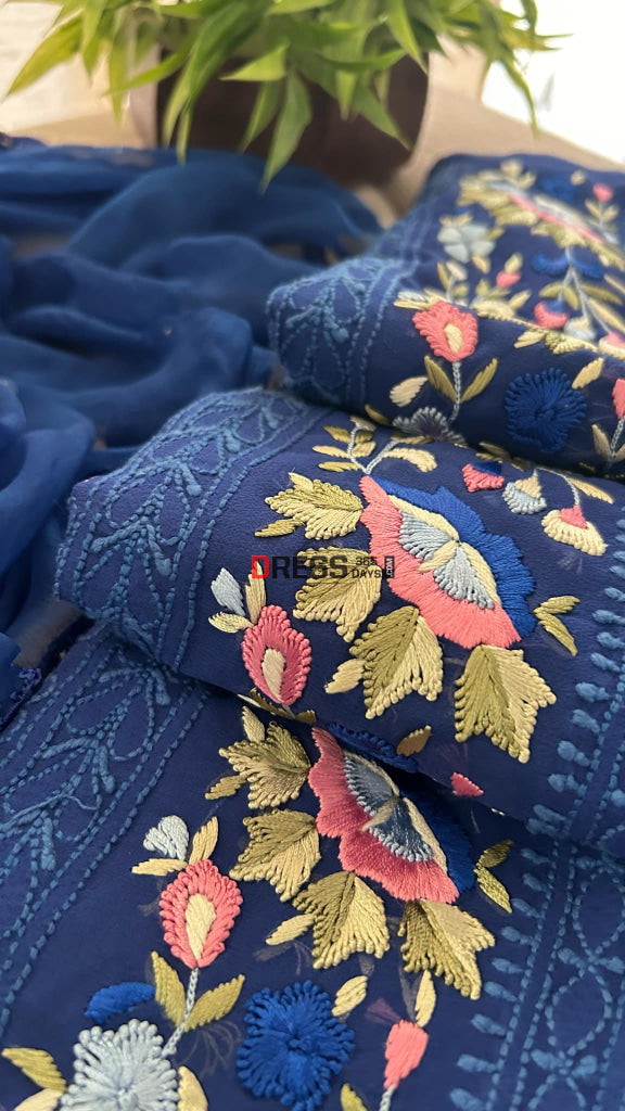Royal Blue Chikankari Parsi Gara Daman Suit (Kurta & Dupatta) Chikankari Suits