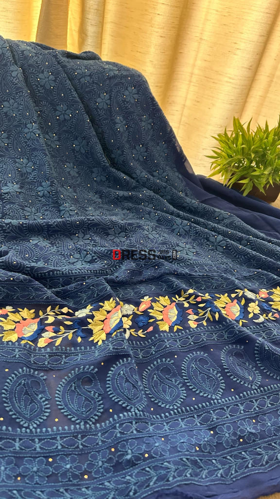 Royal Blue Chikankari Parsi Gara Daman Suit (Kurta & Dupatta) Chikankari Suits