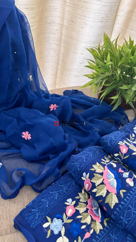 Royal Blue Chikankari Parsi Gara Daman Suit (Kurta & Dupatta) Chikankari Suits
