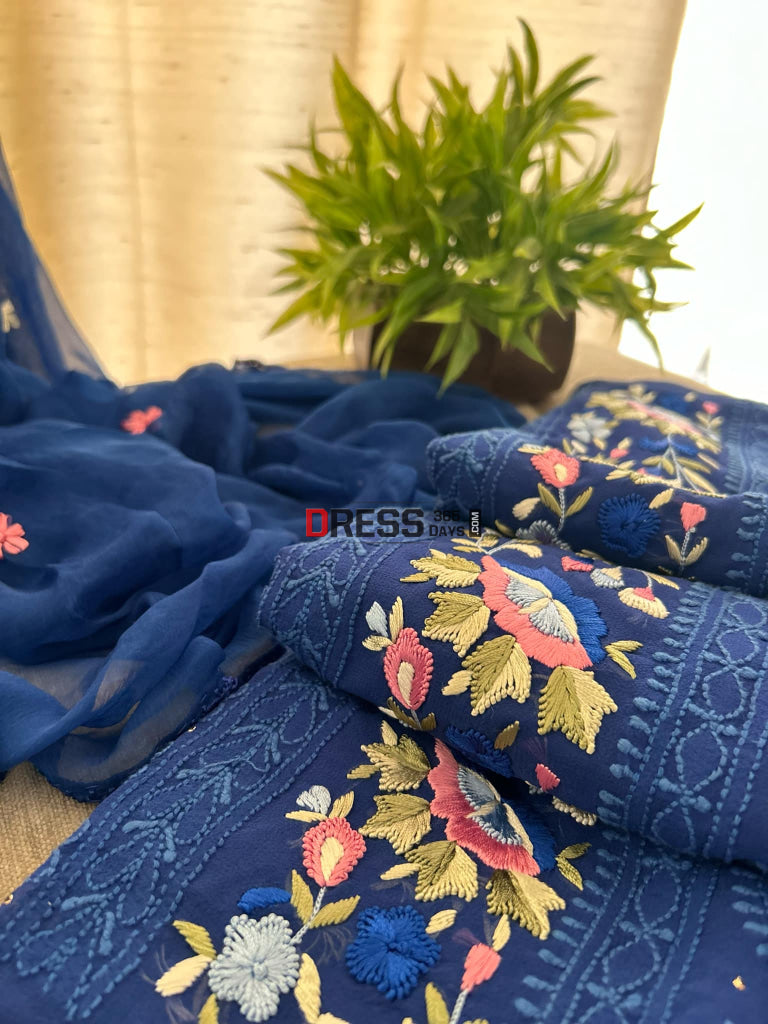 Royal Blue Chikankari Parsi Gara Daman Suit (Kurta & Dupatta) Chikankari Suits