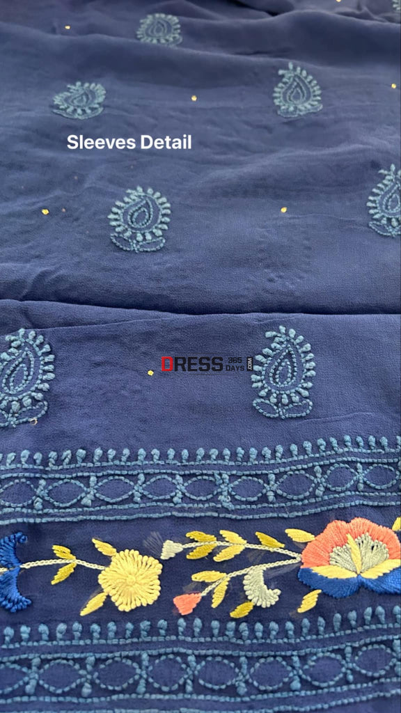 Royal Blue Chikankari Parsi Gara Daman Suit (Kurta & Dupatta) Chikankari Suits