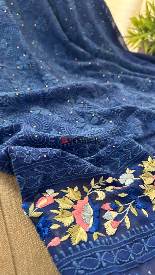 Royal Blue Chikankari Parsi Gara Daman Suit (Kurta & Dupatta) Chikankari Suits