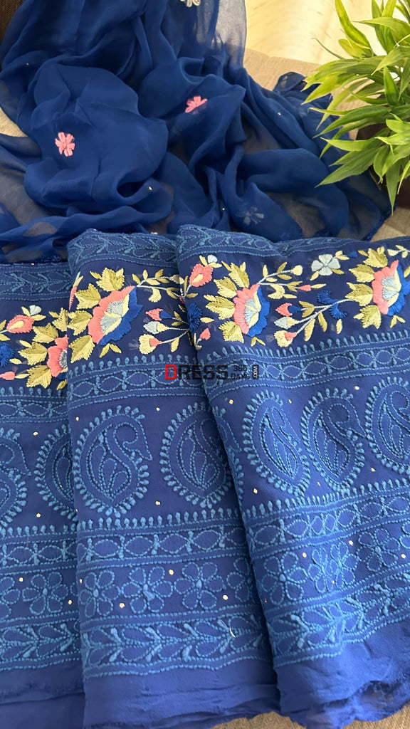Royal Blue Chikankari Parsi Gara Daman Suit (Kurta & Dupatta) Chikankari Suits