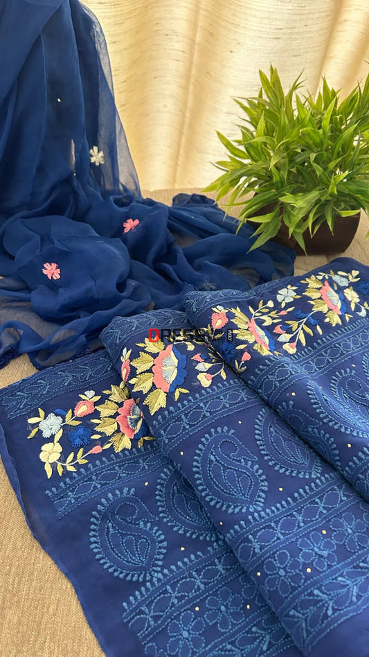Royal Blue Chikankari Parsi Gara Daman Suit (Kurta & Dupatta) Chikankari Suits