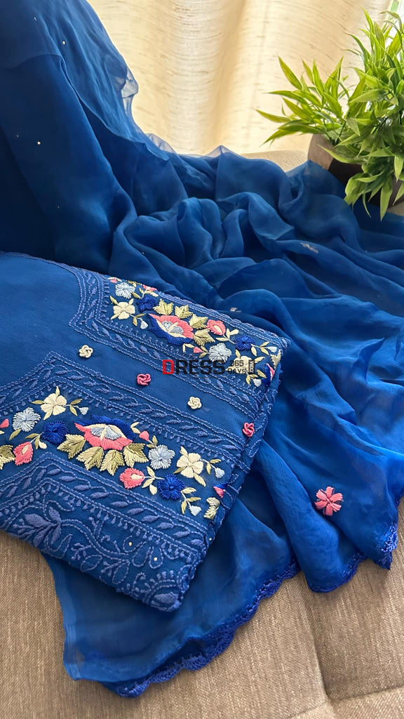 Royal Blue Color Chanderi Hand Embroidered 2-Taar Chikankari Kurta & Dupatta Set | Paridhan Chikan