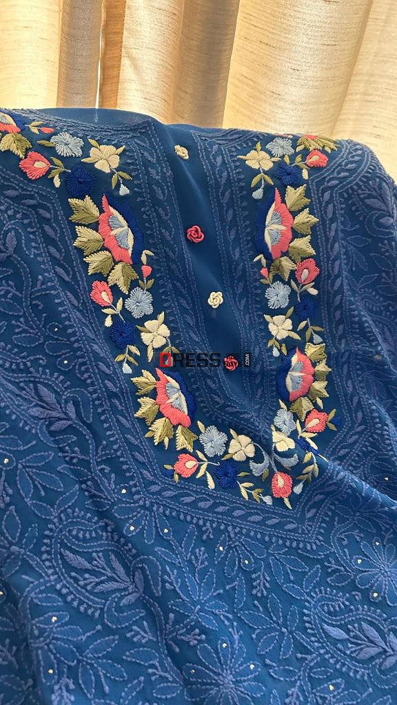Royal Blue Chikankari Parsi Gara Neckline Kurta Dupatta Set Suits