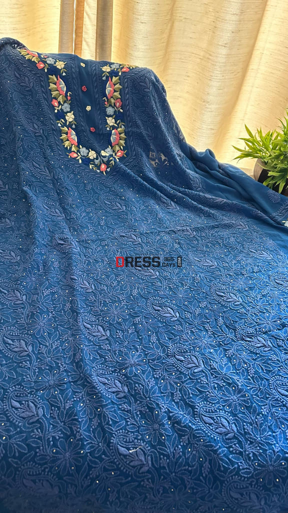 Rama Blue Color Parsi Work Embroidery French Not Half Chanderi By Silk Top Material And Same Matching Pant Material With Beautiful Organza Dupatta